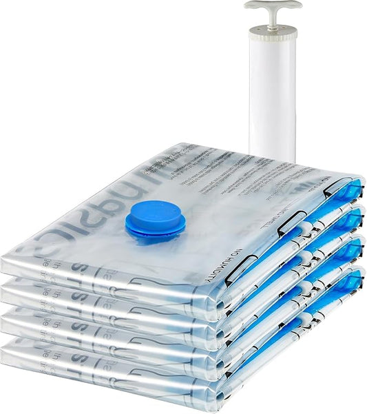Amazon Basics Vacuum Storage Bags for Blankets, Vacuum Compression Space Saving Storage Bags with Hand Pump for Clothes Packing, X-Jumbo, 4-Pack