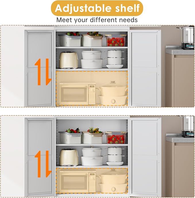75" Tall Metal Kitchen Pantry Storage Cabinet, Freestanding Cupboard Storage Cabinet with 4 Doors and 4 Adjustable Shelves, Large Stand Up Food Cupboard for Dinning Room, Bathroom, White