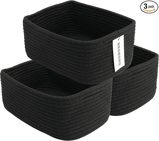 XUANGUO Small Woven Storage Baskets for Shelves, 12" x 8" x 5", Black | Decorative rope storage bins for closets and toy storage; cute organizer baskets, empty gift baskets and nursery storage.