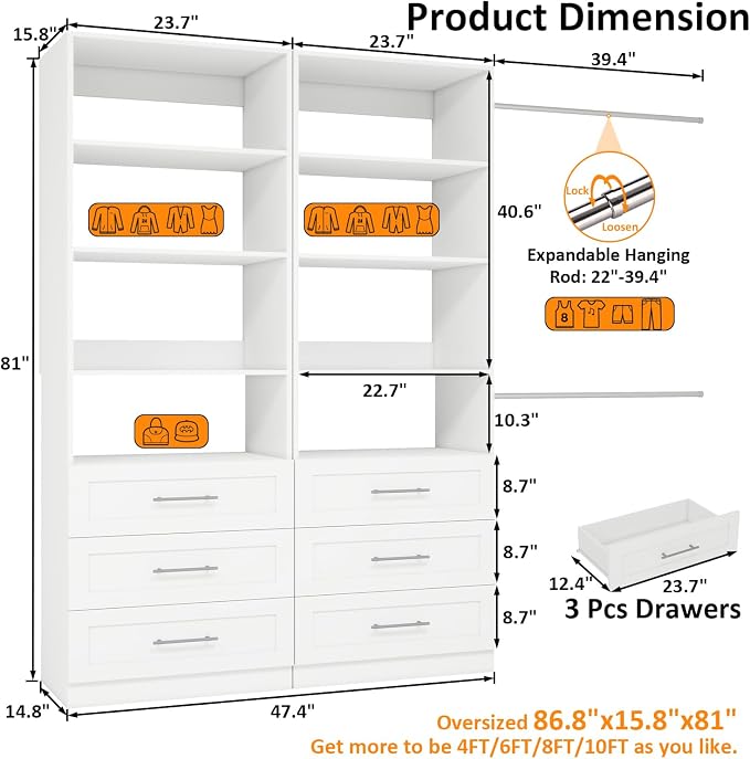 Closet System with 6 Drawers & 8 Shelves, Wood Closet Organizer System with 2 Extra Hanging Rod for Walk in Closet, Modular Closet Organizer System White(4FT)