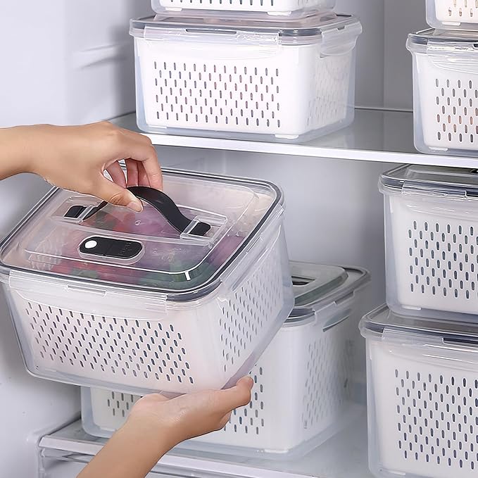 Fruit Storage Containers for Fridge with vent holes and handle，Airtight Food Storage Containers Keep Fruits, Vegetables, Berry, Meat Fresh longer,BPA-free Fridge Storage Container with Lid (3 Pack)