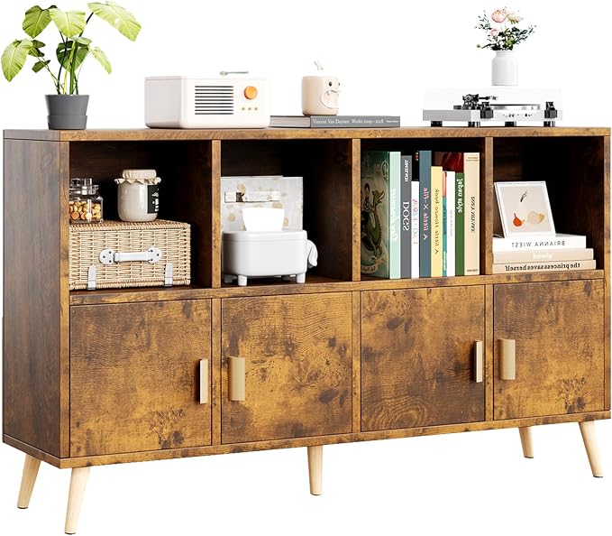 8-Cube Storage Organizer with Doors & 5 Solid Wood Legs, Mid-Century Modern Bookshelf with Seamless Top, Horizontal Cubby Toy Storage for Kids, Sideboard Media Console fits 11" Bins, Rustic Brown