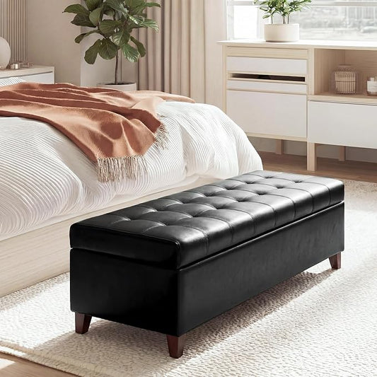 Joveco 51 Inch Storage Bench,Leather Tufted Storage Ottoman with Legs | Safety Hinges,Wooden Legs,Upholstered,End of Bed,Bedroom,Living Room,Entryway,330LBS,Black