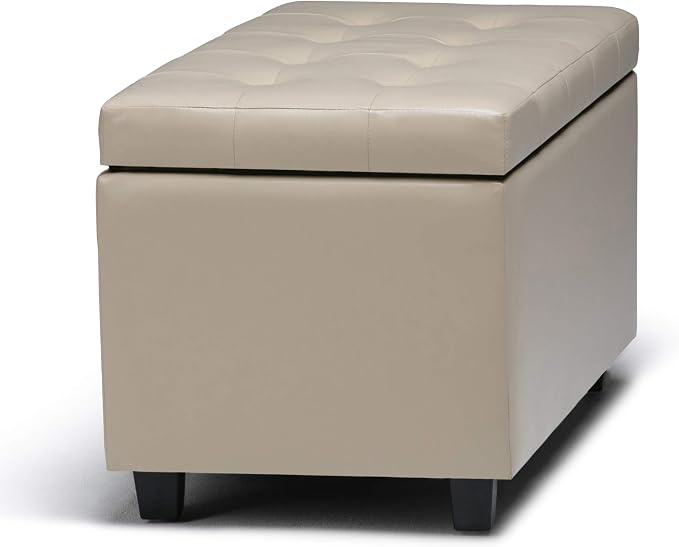 SIMPLIHOME Dover 36" Wide Linen Look Fabric Storage Ottoman in Slate Grey | Satin cream, transitional storage ottoman with tufting and lift-up lid; rectangle storage bench for living room or entryway.