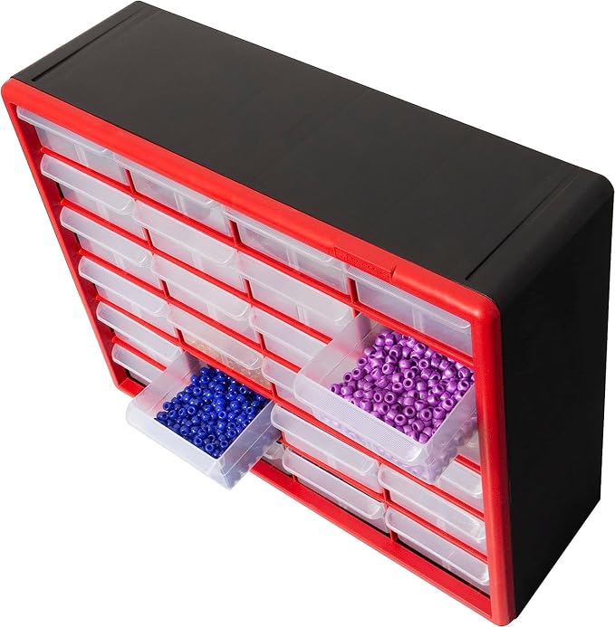 Akro-Mils 24-Drawer Plastic Drawer Storage Cabinet for Garage Organization, Bead Organizer, Building Bricks Storage, Teacher Toolbox, Makeup Organizer, 20-Inch W x 6-Inch D x 16-Inch H, 10124 Red