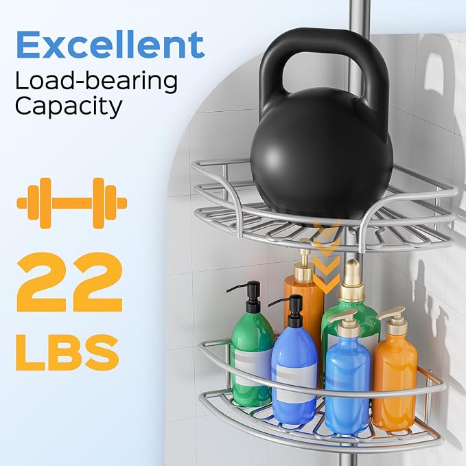 HAMITOR Shower Caddy Corner Tension Pole: 4-Tier Large Capacity Bathroom Organizer Shelves - Waterproof No-Drill Adjustable 47-123 inch Storage for Renters, Home Bathtub Stand Rack, Silver Gray