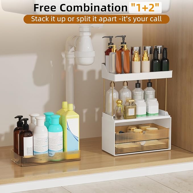 StorBin Arcylic 5-Tier Makeup & Skincare Organizer for Vanity, Bath, 2 Sets | Smooth 3 drawers, clear body, gold frame, non-slip, for perfumes, serums, face masks, palettes, vanity & bath counter,Amber