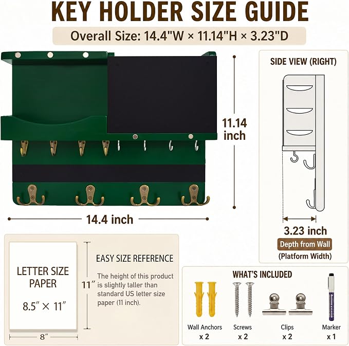 Key Holder for Wall Mount with Shelf and Mail Organizer, Key and Mail Holder with 16 Hooks, Farmhouse Entryway Organizer, Home Decor Rack (Pine Wood,Green)