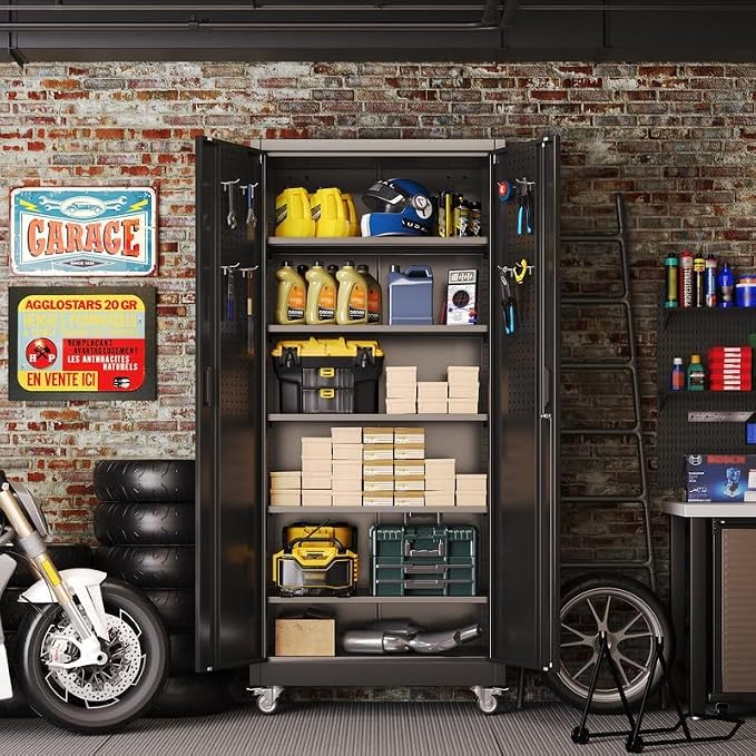 Aobabo Metal Storage Cabinet with Wheels and Door Pegboard | Garage and business storage for tools and office supplies; 5 adjustable shelves, lockable black cabinet, 16"D x 32"W x 71"H
