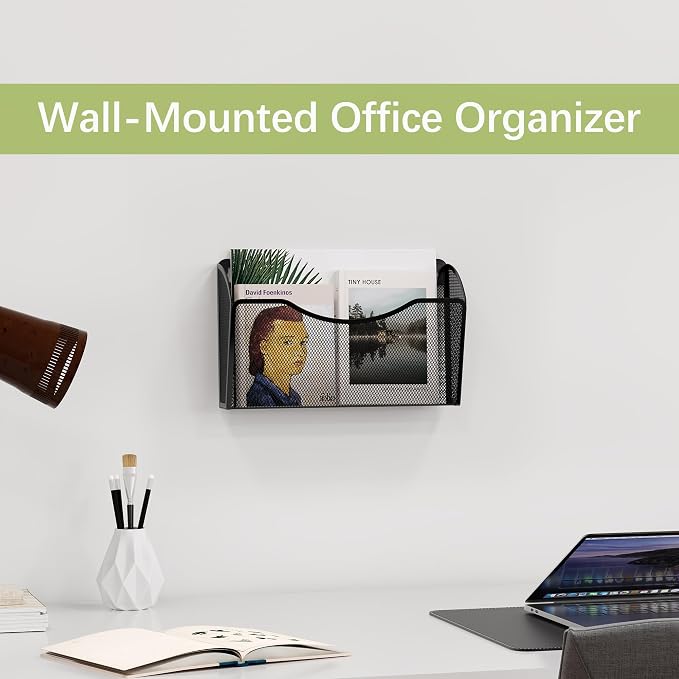 EasyPAG Wall File Organizer, Metal Mesh Hanging File Folder Holder for Letter/A4 Size Folders, Vertical Wall Mount Mail Sorter for Office Paperwork, Classroom, Black
