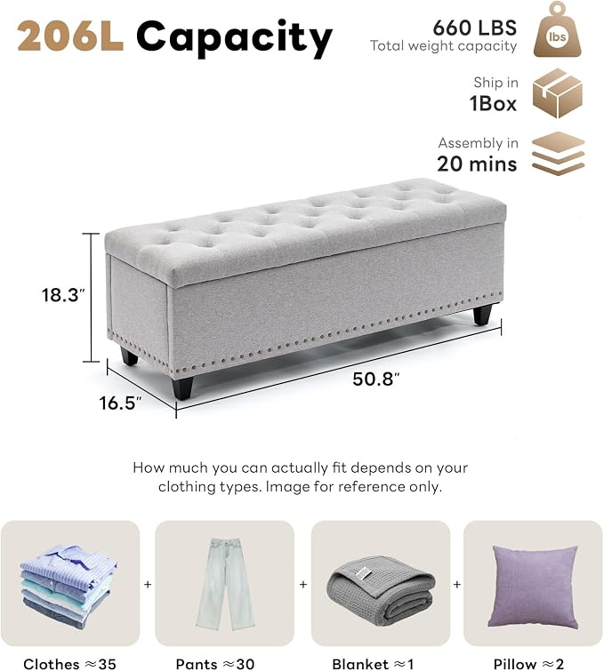 Tbfit Long Ottoman with Storage, 50.8" End of Bed Bench with Safety Hinge&Rivets, Entryway Benches Large Storage Ottoman Bench for Bedroom, Living Room, Holds up to 660 lb(Light Grey)