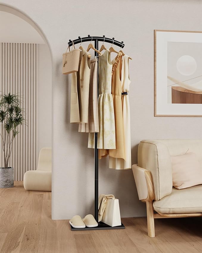 T-Shaped Metal Clothing Racks,Freestanding Coat Tree,68.9in,Black | Coat Racks with Strong Load-Bearing Capacity, Clothes Hanger Stand with Natural Rock Base, Suitable for Outerwear,Handbags