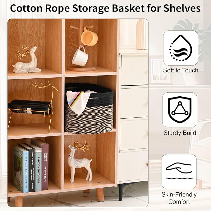 ICERZCZ Woven Cotton Rope Storage Basket for Organizing, Cute Decorative Baskets for Gifts Empty, Organizer Bins for Dog Toy, Baby Laundry, 15“×11”×9.5“, Jute & Black
