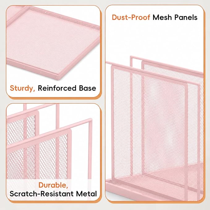 File Organizer For Desk, 7 Section Metal Desktop File Sorter, Pink | Desk file organizer, connectable 7 section design, 2.17 in spacing, vertical folder storage for home office and classroom