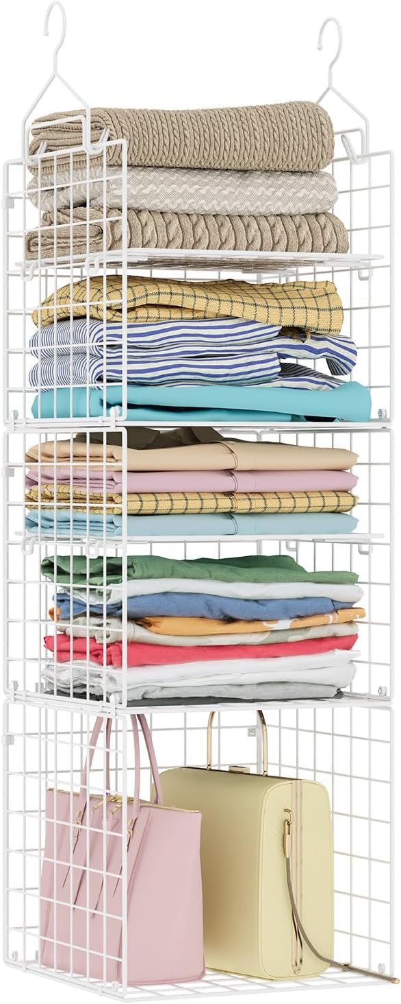 X-cosrack Closet Hanging Organizer and Storage - 5 Tier Hanging Shelves, Wire Closet Shelf Organizer Basket with Adjustable Dividers for Home Clothing Sweaters Shoes Handbags