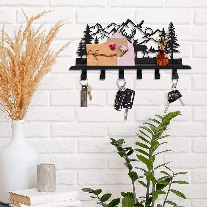 Deer Metal Key and Mail Holder for Wall, Key Holder Wall Mount with Shelf, Key Rack, Key Hooks for Living Room, Hallway, Office