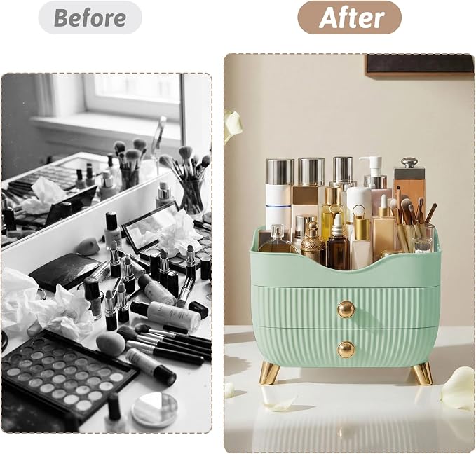 Makeup Organizer Countertop, Large Capacity Skincare Organizer for Vanity | Cosmetics Organizer with Drawes & Handle, Cosmetic Display Cases Storage Box for Dresser, Bathroom, Gifts for Women(Green)