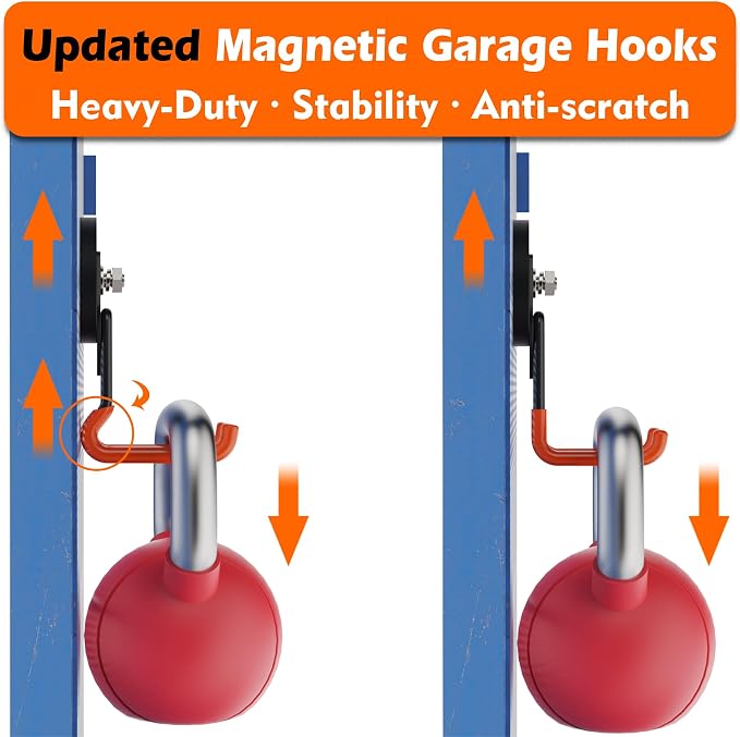 MUTUACTOR Updated Strong Magnetic Hooks,4PCS Scratch-Resistant Heavy Duty Garage Magnet Hook,20lbs Powerful Storage Tool Hooks for Organizing Cordless Impact Drivers,Garden Shovel Tool Box
