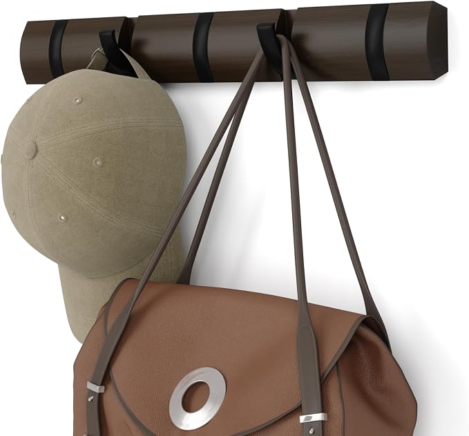 Umbra Flip Coat Rack, Wall Mounted 5-Hook Space Saving, Walnut/Black | Real wood and steel build, retractable hooks fold flat, holds coats bags and scarves, easy install