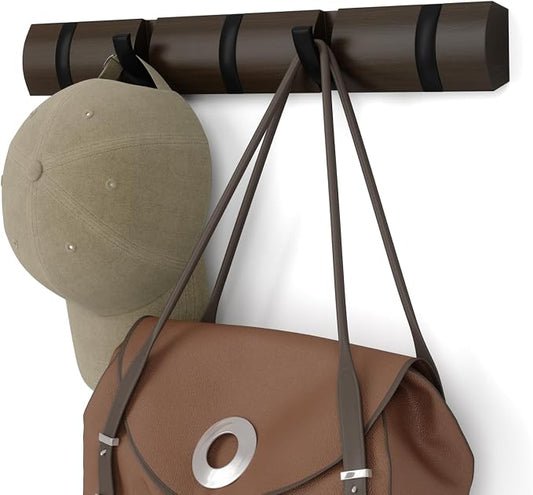 Umbra Flip Coat Rack, Wall Mounted 5-Hook Space Saving, Walnut/Black | Real wood and steel build, retractable hooks fold flat, holds coats bags and scarves, easy install