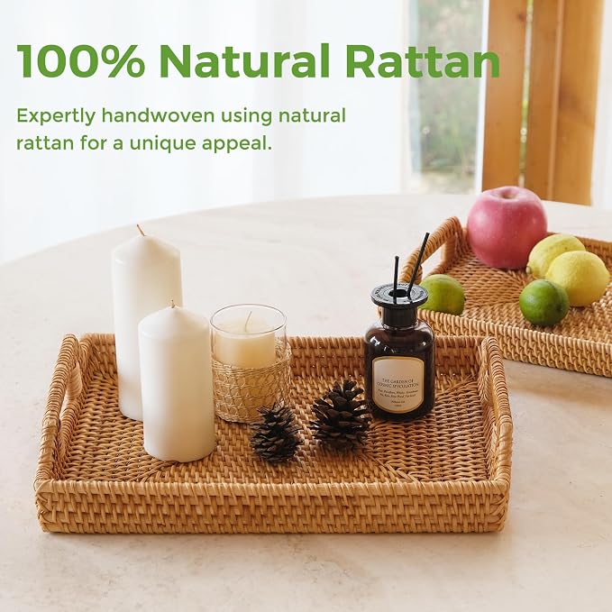 Rattan Serving Tray with Handles, Natural Woven Wicker Tray for Breakfast | Rattan Serving Rectangle Wicker Trays for Decor Coffee Table, 14.5" × 10"