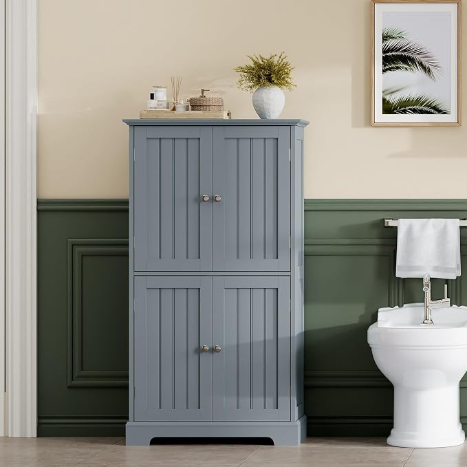 ChooChoo Bathroom Floor Cabinet with Adjustable Shelves | Bathroom Storage Cabinet, 4 Doors, Freestanding Cupboard for Living Room, Grey
