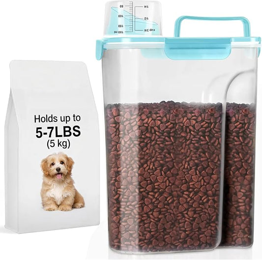 LEAWALK 5-7Lbs Cat Dog Storage Container, Portable Pet Food Containers with Upgraded Large Spout and Cup, Small Animal Kibble Dispenser for Bird Seed, Oatmeal, Rice, Flour-Clear Blue