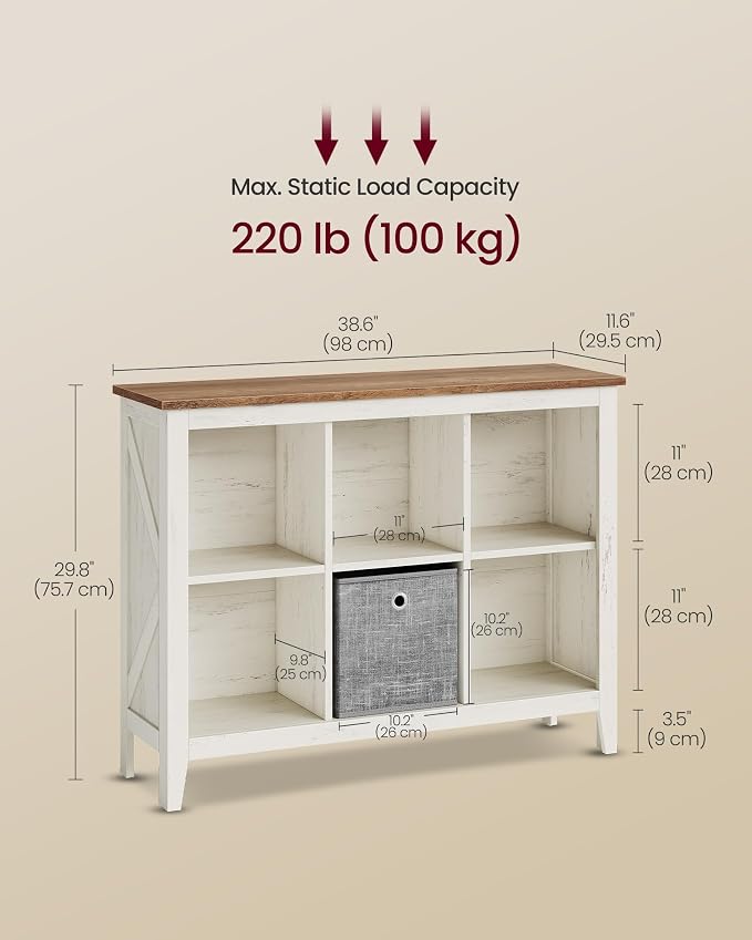 VASAGLE Liry Collection Farmhouse Bookcase, 6-Cube Storage Organizer with Legs, Adjustable Shelves, 38.6 x 11.6 x 29.8 inch, for Home Office, Living Room, Cloud White and Warm Brown ULBC136W101S