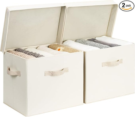 StorageWorks Storage Bins with Lid, Decorative Fabric Storage Bins with Handles, Stackable Closet Organizers for Shelves and Bedroom, Large, Beige(Cotton Linen), 2-Pack