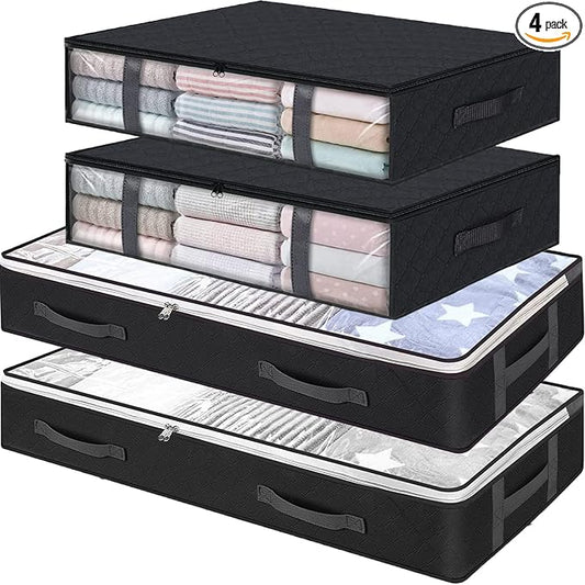 Under Bed Storage Containers, 4-Pack Large Underbed Storage Bags Organizer, Thick Fabric Storage Bins with Clear Window and Handles for Blanket, Comforter, Bedding, Clothes, Black