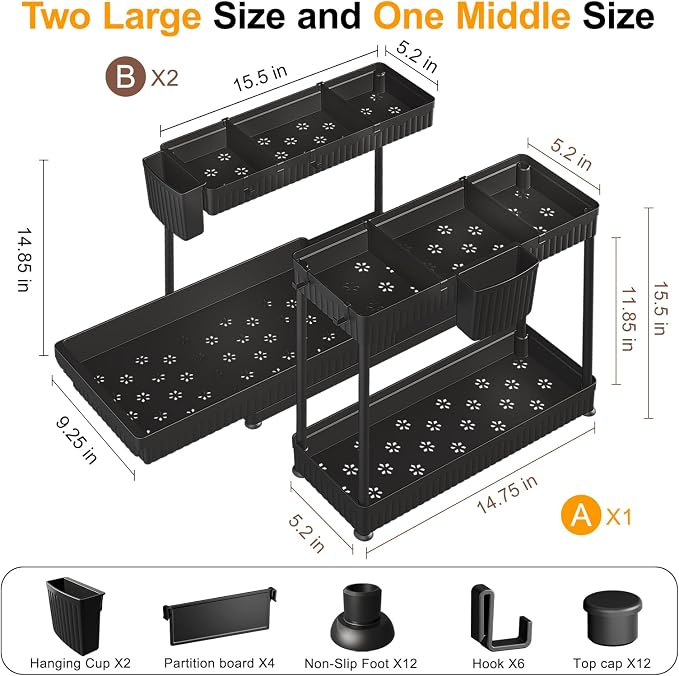 Sevenblue 3-Pack 2-Tier L-Shaped Under Sink Organizers with Sliding Drawers | Multi-use kitchen & bathroom storage, 14.85 inch black cabinet organizer, space-saving sliding drawer design.