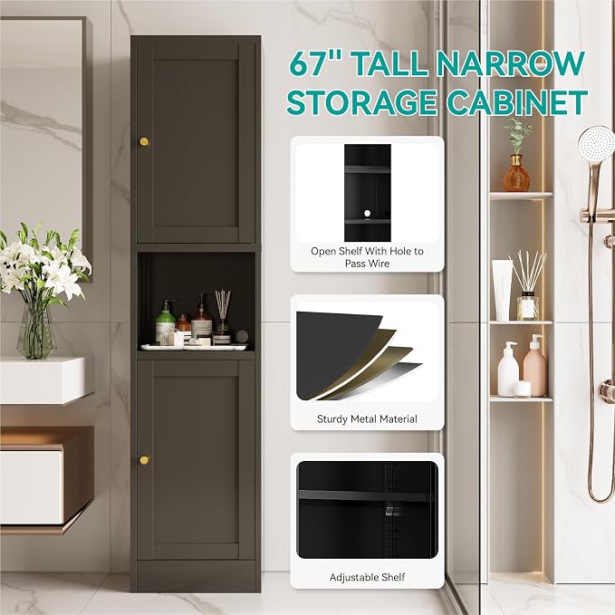 67" Tall Narrow Storage Cabinet with Doors and Open Shelf,Metal Pantry Cabinet,Shaker Style Slim Cabinet with Adjustable Shelves,for Bathroom Kitchen Laundry Small Spaces, Black, 1Pc
