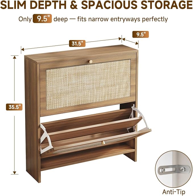 Nicetree Shoe Storage Cabinet for Entryway, Slim Shoe Rack with 2 Flip Drawers, Modern Boho Square Cane Engineered Wood Storage Cabinets, Narrow Shoe Organizer, Caramel