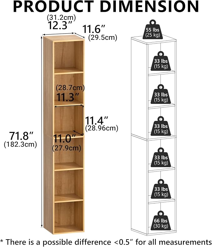 Cube Shelf Organizer, 6 Cube Oak Open Shelf, Freestanding 6-Tier Low Bookcase, DVD Shelf & Lego Display for Living Room, Bedroom, Home Office, Decor & Storage