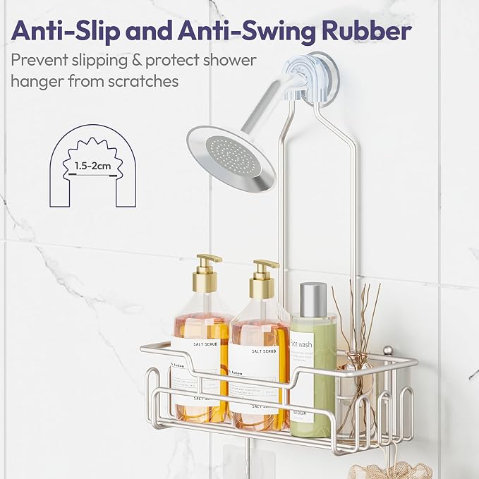 SWTYMIKI Bathroom Shower Caddy Hanging - Extended Length 2 Tier Rustproof Over Shower Head Organizer, No Drilling Bathroom Shelf with 14 Hooks & Soap Holder, Anti-Swing Rack, Sand Nickel