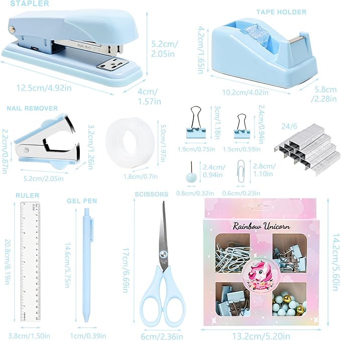 COMFYROOM Desk Accessories with Pen Holder, Office Supplies Desk Organizers and Accessories, Tape Dispenser, Stapler, Staple Remover, Staples, Clips Set, Ruler, Scissor, Pen, Tape (Blue)