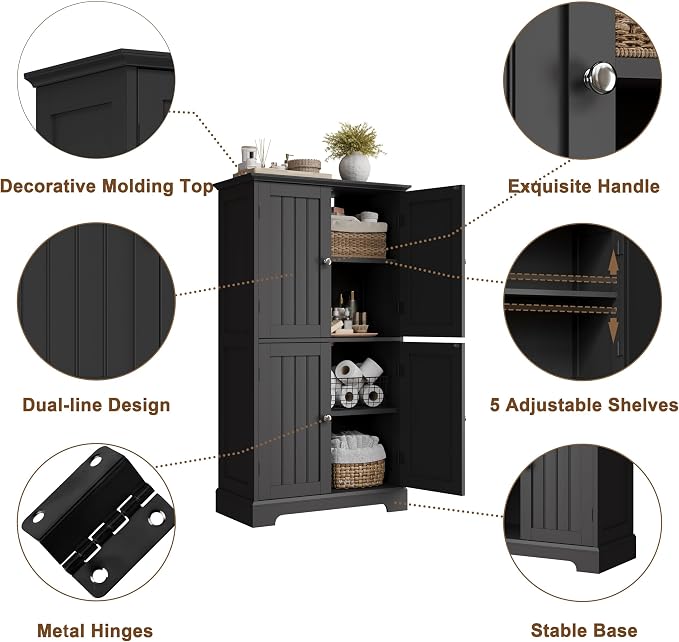 ChooChoo Bathroom Floor Cabinet with Adjustable Shelves | Bathroom Storage Cabinet, 4 Doors, Freestanding Cupboard for Living Room, Black