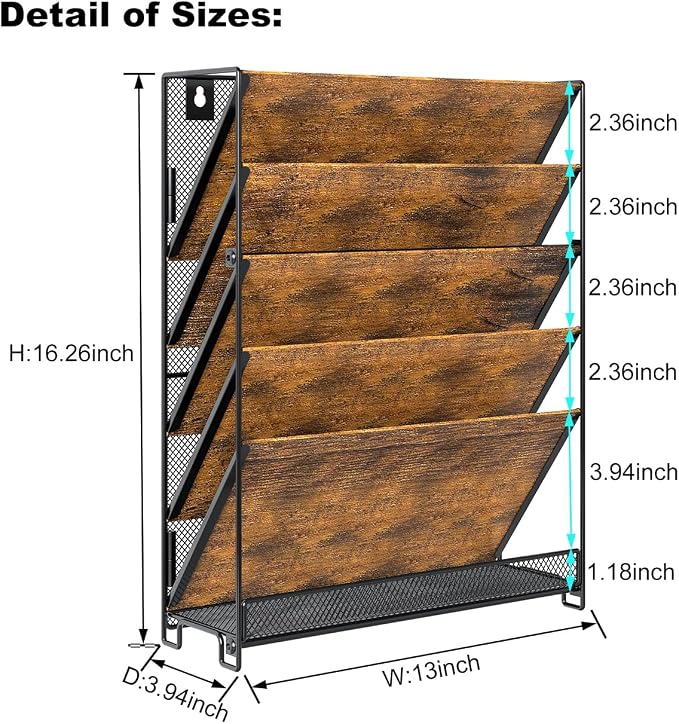 Wall File Organizer for Office, 6-Tier Rustic Hanging File holder Wall Storage Rack for Documents/Magazine/Literature/File Folders/Mails/Envelopes, Brown