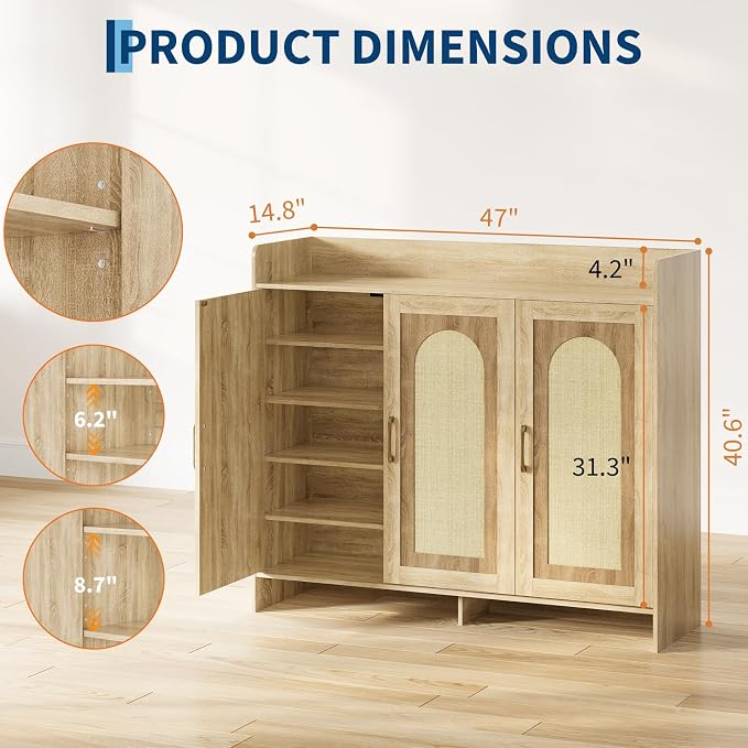 Garvee Shoe Cabinet Storage for Entryway, Rattan Shoe Rack with 3 Doors | Farmhouse Boho Wood Shoe Organizer Cabinet for Entrance Hallway Living Room Foyer