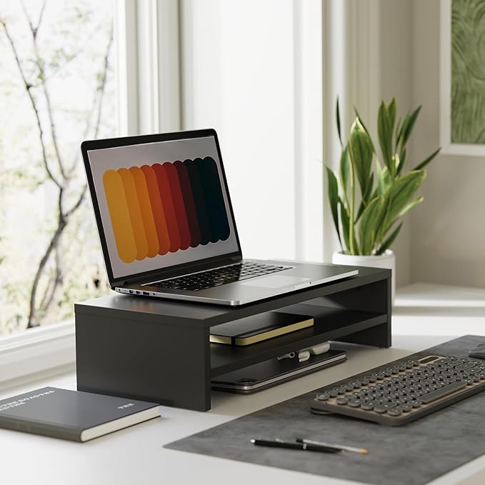 FITUEYES Wooden Monitor Stand Riser, 2-Tier Desk Storage Shelf, Black | 21.3-Inch Desktop Organizer Fits Laptop, Computer Screen and Office Supplies