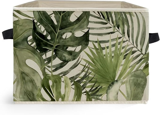 Boho Tropical Botanical Storage Box Bins, Green Monstera Palm Plant Leaf Collapsible Storage Basket Organizer for Bedroom Laundry Room Home Clothes Books, Decor for Room