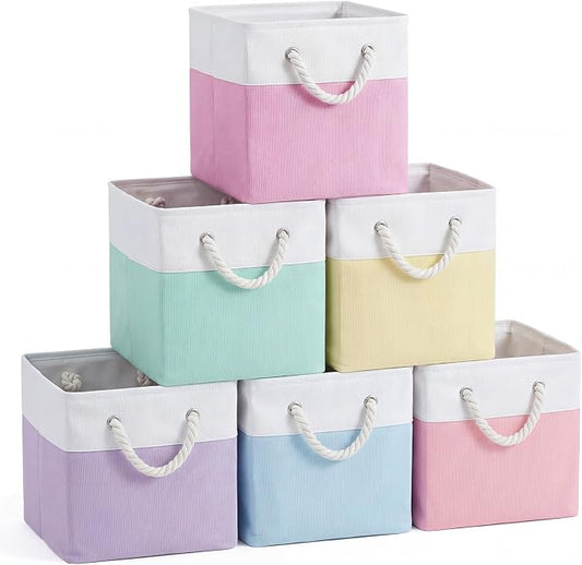 6 Pack Pastel Foldable Storage Bins , 11 Inch Cube Fabric Storage Baskets | Foldable Fabric Cube Baskets with Reinforced Handles,pastel baskets for Classroom, Shelves, Closets, Room Organization