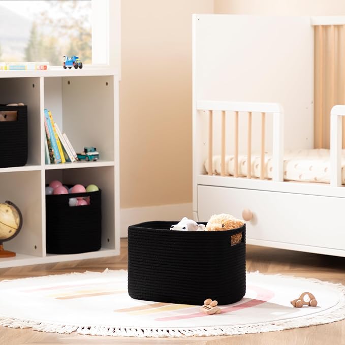 4 Pack Storage Baskets for Organizing, Shelf Baskets with Handles, Black | 14.5"Lx9.8"Wx9"H, Woven Basket, Cotton Rope Basket, Toy Storage, Cube Shelf, Gift Baskets Empty, Home Decor