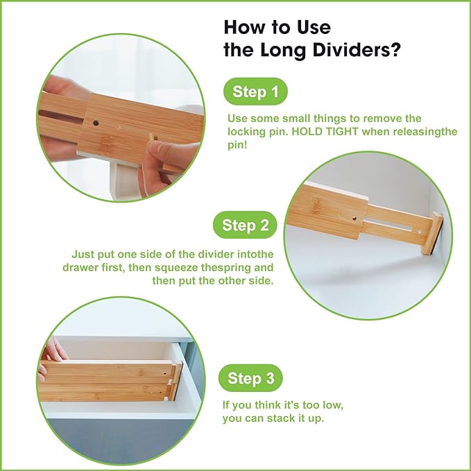 Bamboo Drawer Dividers, Expandable Drawer Separators Splitter, 17-22 inches Adjustable Spring-loaded Organizer for Large Utensil, Clothes, Tools Drawers, 6 Pack Dividers + 4 Pack Baffle