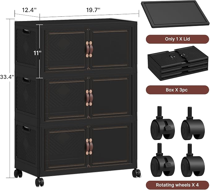 452QT Extra Large Stackable Storage Bins with Lids & Wheels | & Door,Total 113Gal for 3-Tier set Foldable Collapsible Closet Organizers, Plastic containers drawers for bedroom Dorm