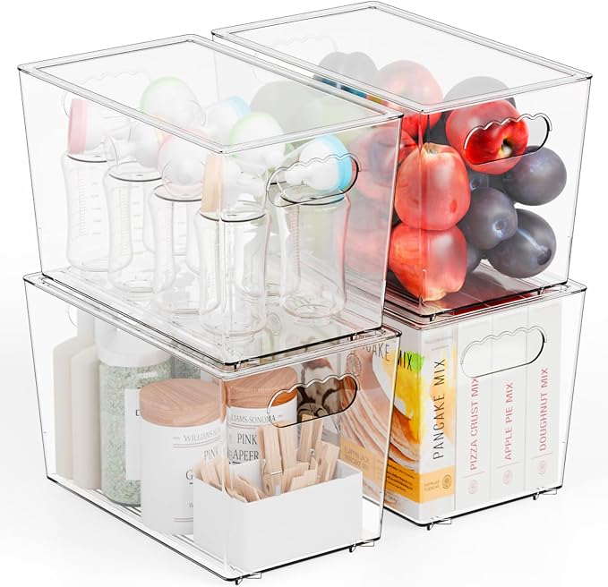 4 Pack Large Stackable Clear Storage Bins with Lids,BPA FREE Pantry Organizers and Storage with Handle,Plastic Containers Organization and Storage for Kitchen,Refrigerator,Closet Organization