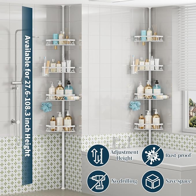 Consumest Shower Caddy Tension Pole - 4 Tier Corner Shower Shelves with Brush & Soap Holder, 304 Stainless Steel Rustproof Adjustable Organizer Rack for Bathtub, Bathroom, 27.6-108.3 Inch, White