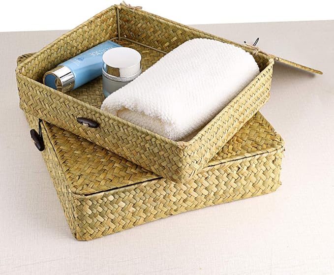 Hipiwe Natural Seagrass Storage Bins with Lid, Woven Wicker Basket Boxes Home Organizer Bins Shelf Organizer Box,Set of 2