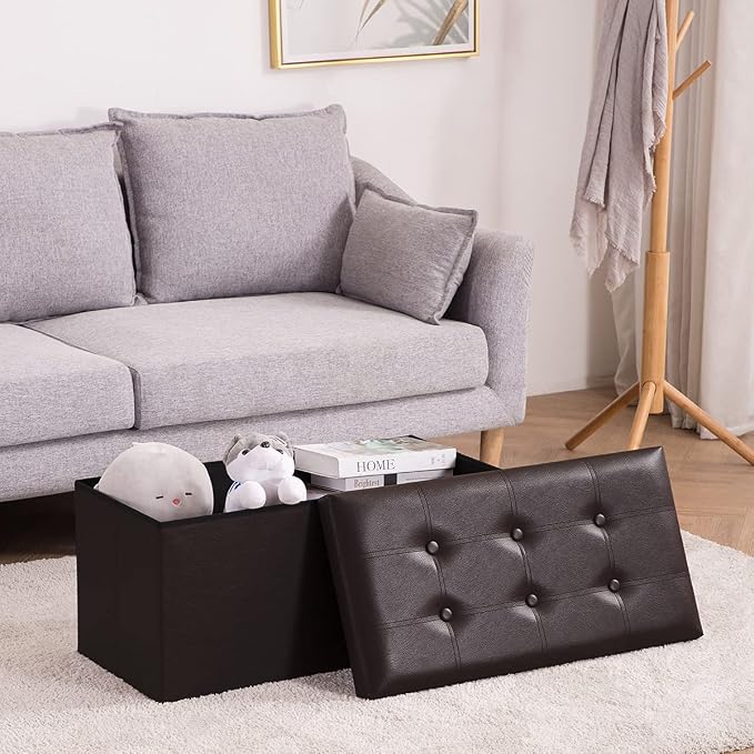 Youdesure Folding Storage Ottoman Bench, 30 inch Faux Leather Footrest Couch for Living Room, Storage Bench with Padded Seat for Bedroom Hallway, Holds up to 350lbs, Brown | Foldable ottoman with hidden storage, padded seat and sturdy MDF frame for eve...
