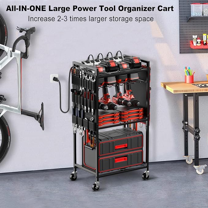 JUNNUJ Power Tool Organizer Cart with Charging Station, 6 FT Cord, Black | Floor Standing, Large Garage Rolling Storage Cart on Wheels, Heavy Duty Drill Battery Storage Rack, with 8 Outlet Power Strip